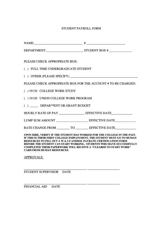 Student Payroll Form Printable pdf