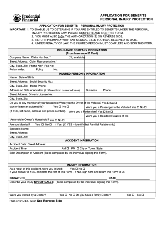 Form Pcd 4016/nj - Application For Benefits Personal Injury Protection Printable pdf