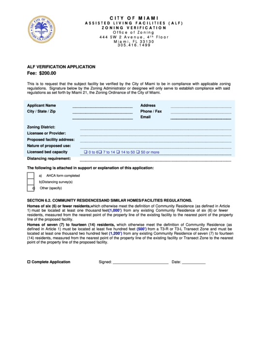 Alf Verification Application - City Of Miami Printable pdf