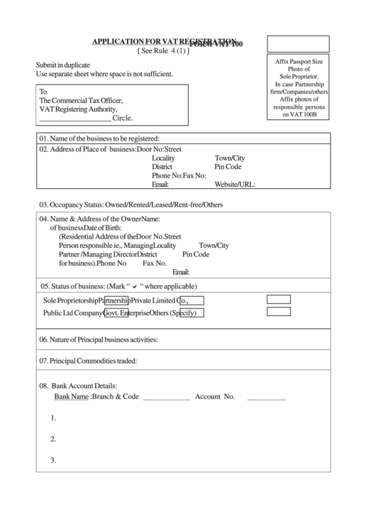 Form Vat 100 - Application For Vat Registration Printable pdf