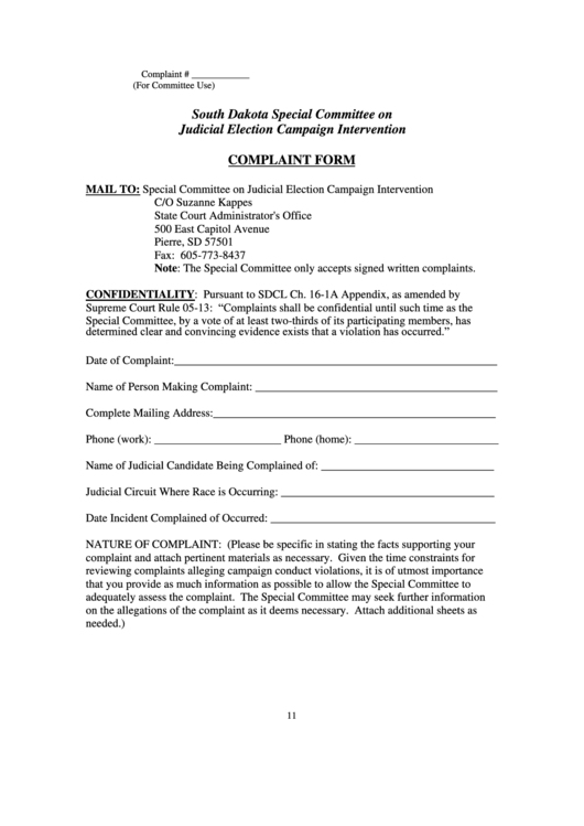 Complaint Form - South Dakota Special Committee On Judicial Election Campaign Intervention Printable pdf