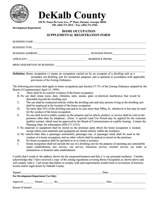 Homeoccupation Supplementalregistrationform - Dekalbcounty Printable pdf