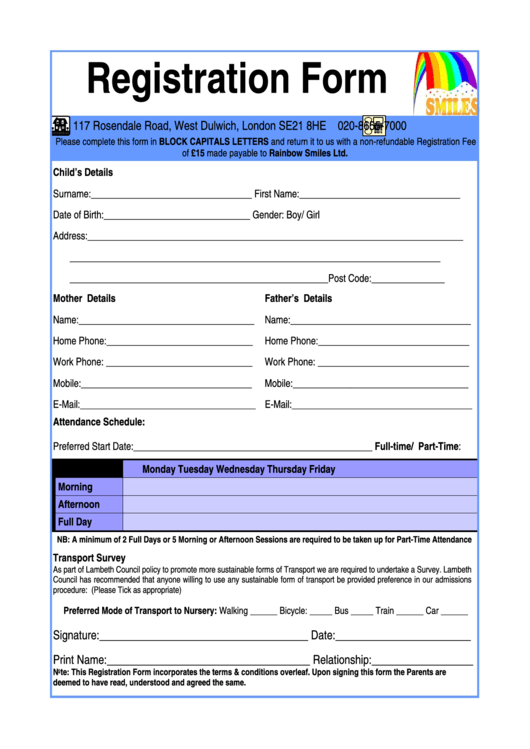 Nursery Registration Form Printable pdf