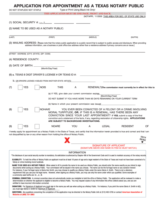 Form 2301 - Application For Appointment As A Texas Notary Public Printable pdf