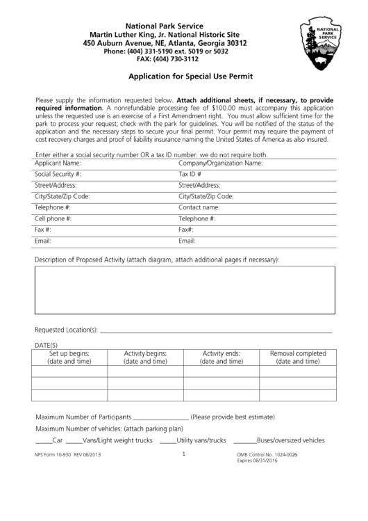 Nps Form 10-930 - Application For Special Use Permit Printable pdf
