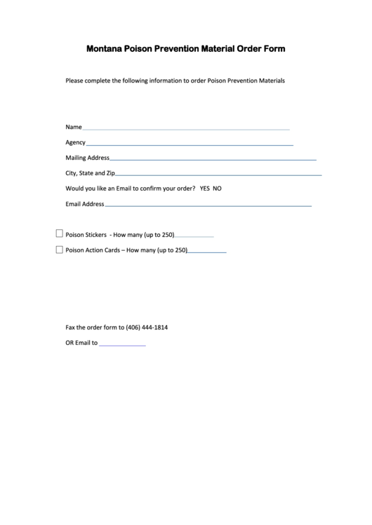 Montana Poison Prevention Material Order Form Printable pdf