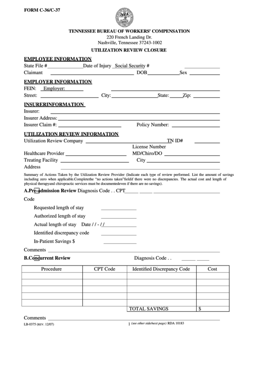 Form C-36/c-37 - Utilization Reviewclosure - Tennessee Bureau Of Workers