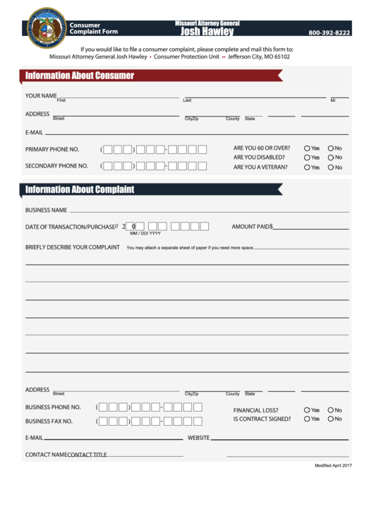 Fillable Consumer Complaint Form - Missouri Attorney General Printable pdf