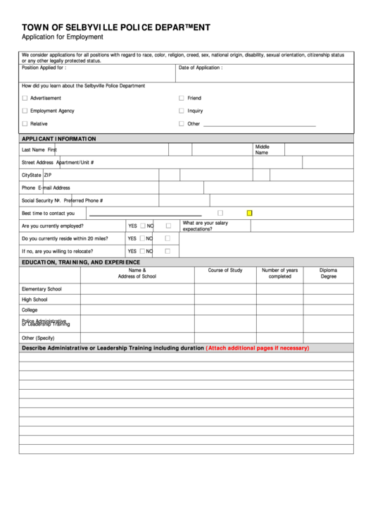 Application For Employment - Town Of Selbyville Police Department Printable pdf