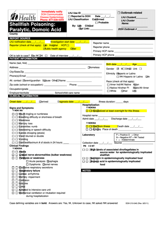 Form Doh 210-040 - Shellfish Poisoning: Paralytic, Domoic Acid Printable pdf