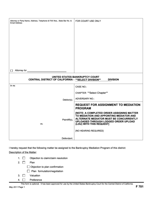 Fillable Form F 701 - Request For Assignment To Mediation Program Printable pdf