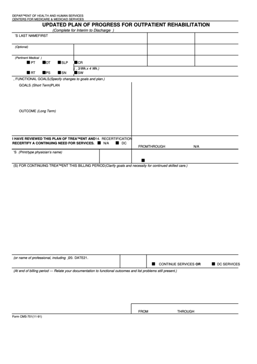 Form Cms-701 - Updated Plan Of Progress For Outpatient Rehabilitation Printable pdf