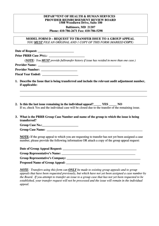 Fillable Form D - Request To Transfer Issue To A Group Appeal - Department Of Health & Human Services - Provider Reimbursement Review Board Printable pdf
