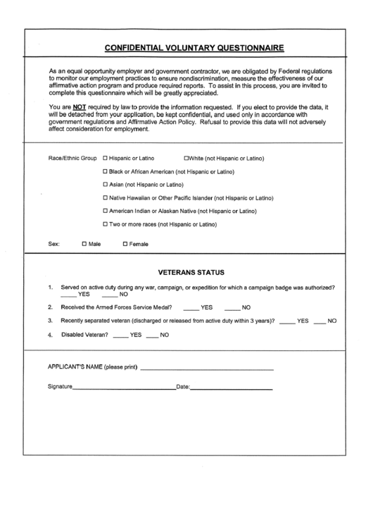Form Cc-305 - Confidential Voluntary Questionnaire Printable pdf