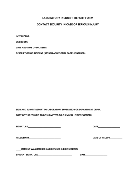 Laboratory Incidentreport Form - Contact Security In Case Of Serious Injury Printable pdf