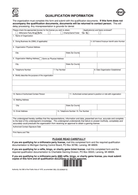 Form Bsl-Cg-2236 - Qualification Information - Michigan Gaming Control Board Printable pdf