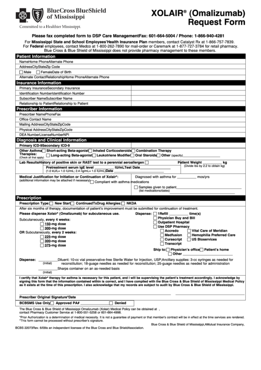 Fillable Xolair Request Form - Blue Cross & Blue Shield Printable pdf