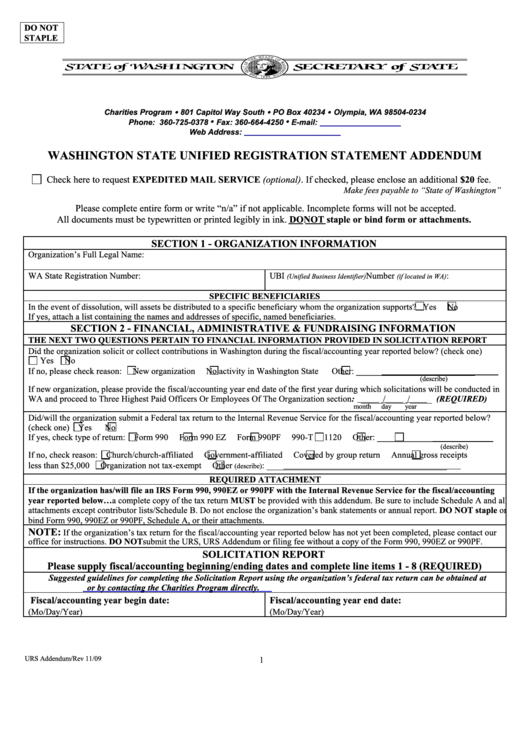 Washington State Unified Registration Statement Addendum - Washington Secretary Of State - 2009 Printable pdf