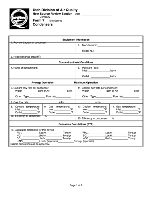 Form 7 - Condensers - Utah Division Of Air Quality Printable pdf