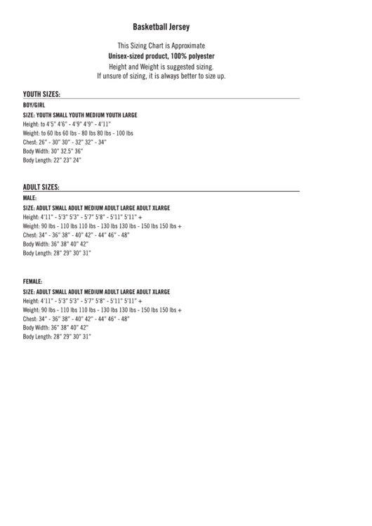 Basketball Jersey Size Chart printable pdf download