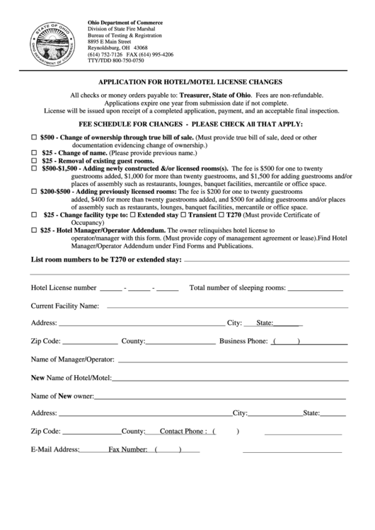 Form Com 5026 - Application For Hotel/motel License Changes Printable pdf