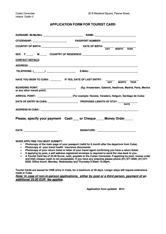 Application Form For Tourist Card Printable pdf