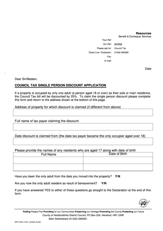 Council Tax Single Person Discount Application Printable Pdf Download