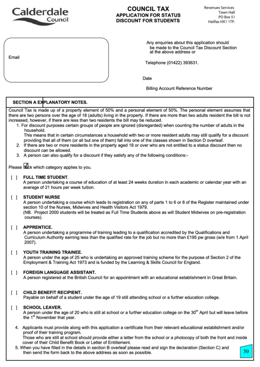 Council Tax - Application For Status Discount For Students Printable pdf