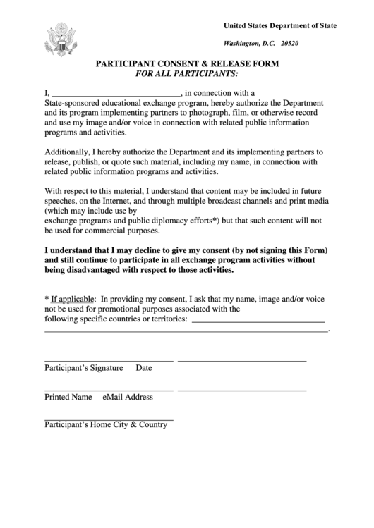 Participant Consent & Release Form Printable pdf