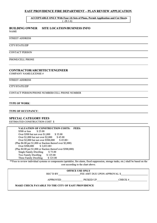 East Providence Fire Department - Plan Review Application Printable pdf