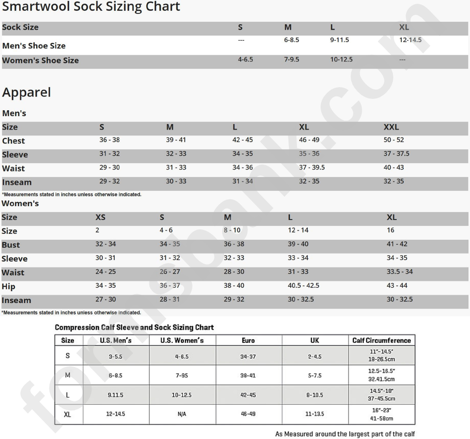 Smartwool Sock Sizing Chart printable pdf download