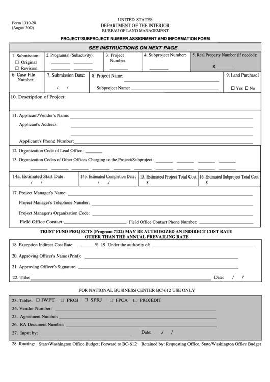 Fillable Form 1310-20 - Project/subproject Number Assignment And Information Form Printable pdf