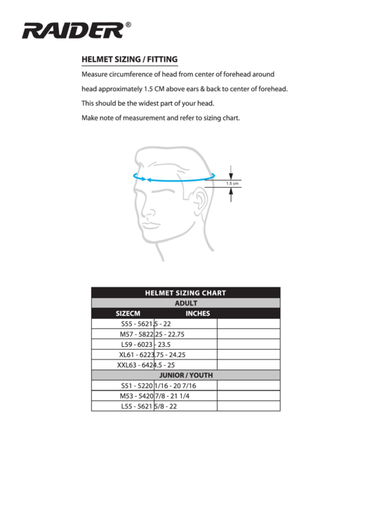 Helmet Sizing Chart Printable pdf