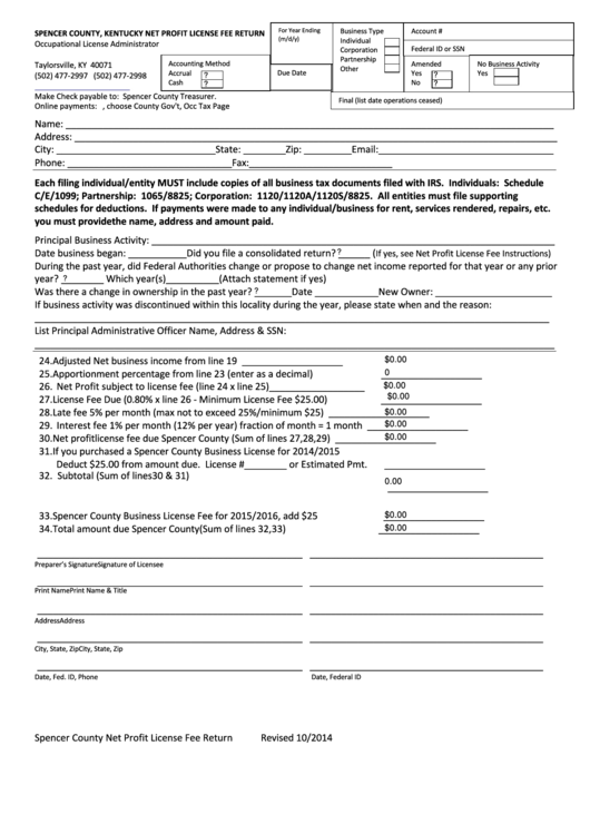 Fillable Spencer County, Kentucky Net Profit License Fee Return Form - 2014 Printable pdf