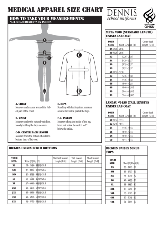 Dennis Medical Apparel Size Chart Printable pdf