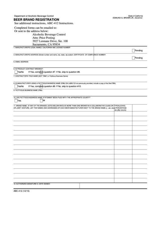 Form Abc-412 - Beer Brand Registration Printable pdf