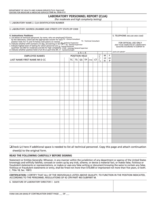 Form Cms-209 - Laboratory Personnel Report (Clia) Printable pdf