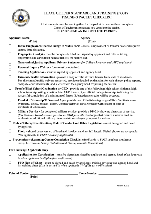 Training Packet Checklist - Idaho Peace Officer Standards And Training (Post) Printable pdf