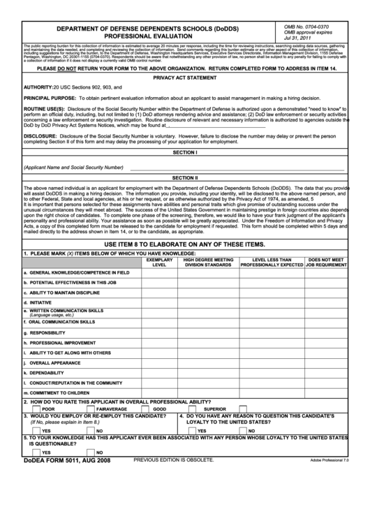Fillable Dodea Form 5011 - Dodds Professional Evaluation Form Printable pdf