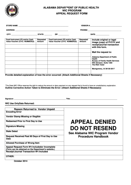 Fillable Wic Program Appeal Request Form -Alabama Department Of Public Health Printable pdf