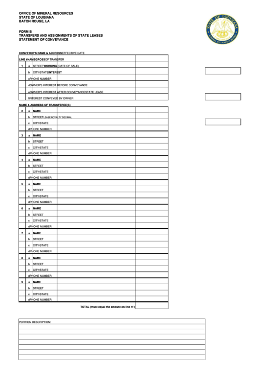 Form B - Transfers And Assignments Of State Leases Statement Of Conveyance Printable pdf