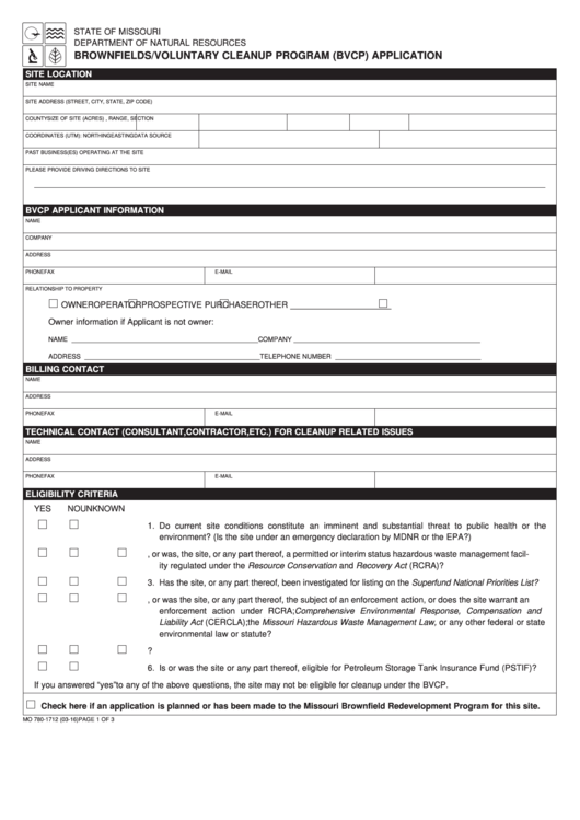 Fillable Form Mo 780-1712 - Brownfields/voluntary Cleanup Program (Bvcp) Application Printable pdf