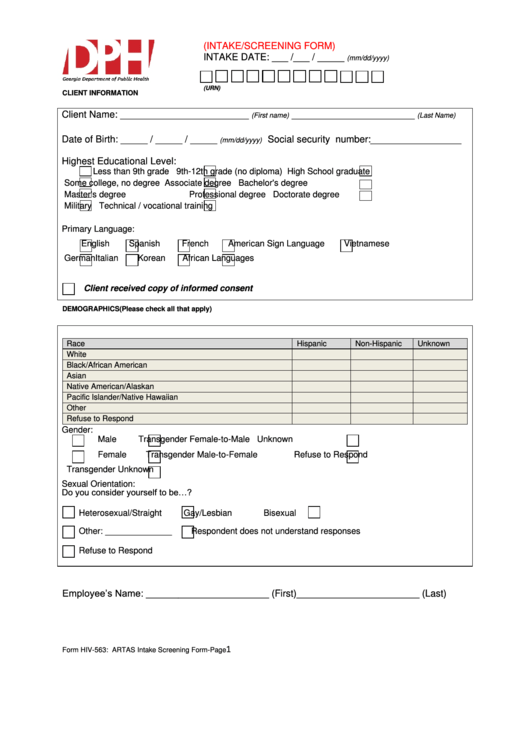 Form Hiv-563 - Artas Intake Screening Form Printable pdf
