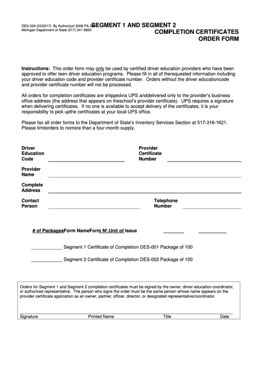 Form Des-029 - Segment 1 And Segment 2 Completion Certificates Order Form