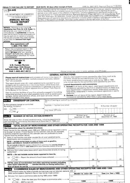 Form Sa-44s - Annual Retail Trade Report - 1999 Printable pdf