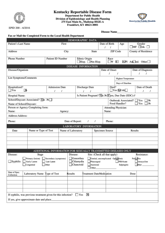 Form Epid 200 - Kentucky Reportable Disease Form Printable pdf