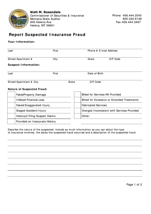 Report Suspected Insurance Fraud - Commissioner Of Securities & Insurance Montana State Auditor Printable pdf