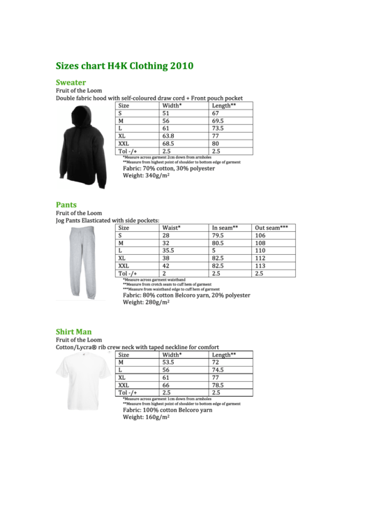 Sizes Chart H4k Clothing - 2010 Printable pdf