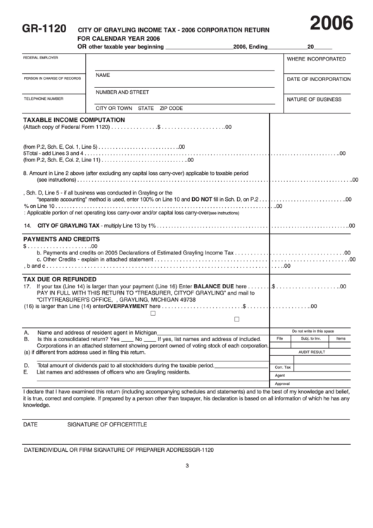 Form Gr-1120 - Corporation Return - City Of Grayling Income Tax - 2006 Printable pdf