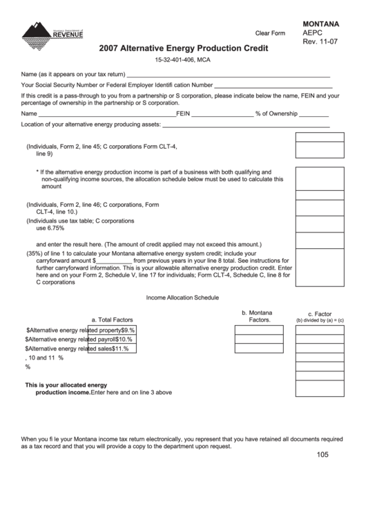 Fillable Montana Form Aepc - 2007 Alternative Energy Production Credit Printable pdf